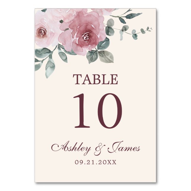 Dusty Pink Burgundy Floral Wedding Table Number (Front)