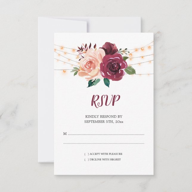 Dusty Pink Burgundy Rose Lights Floral Wedding RSVP Card (Front)