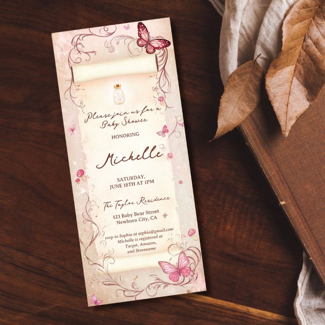 Dusty Pink Butterfly Enchanted Forest Scroll Baby Invitation (dusty pink enchanted forest scroll parchment)
