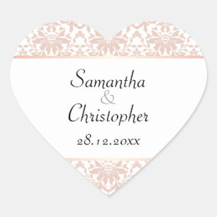 Dusty Pink Chandelier Damask on White Wedding Heart Sticker