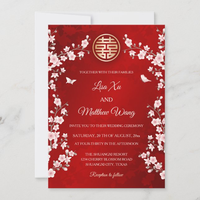 Dusty Pink Cherry Blossom  Chinese Wedding Invitation (Front)