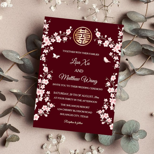  Dusty Pink Cherry Blossom Chinese Wedding Invitation (Creator Uploaded)