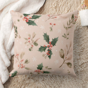 Dusty Pink Christmas Holly Botanical Snowflake Cushion