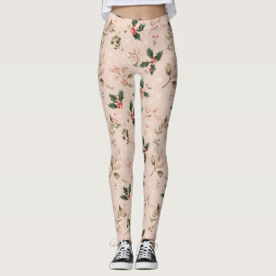 Dusty Pink Christmas Holly Botanical Snowflake Leggings