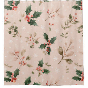 Dusty Pink Christmas Holly Botanical Snowflake Shower Curtain