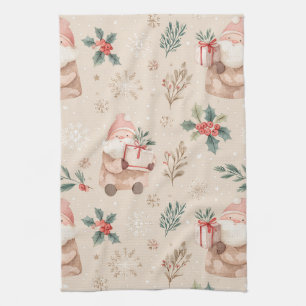 Dusty Pink Christmas Santa Botanical Watercolor Tea Towel