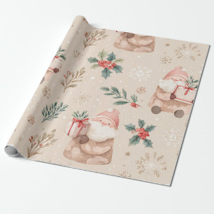Dusty Pink Christmas Santa Botanical Watercolor Wrapping Paper