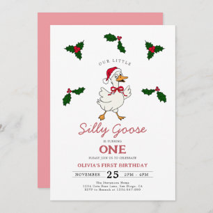 Dusty Pink Christmas Silly Goose Girl 1st Birthday Invitation