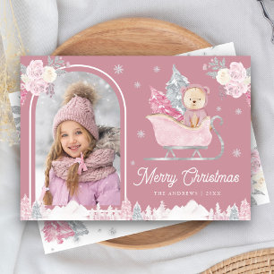 Dusty Pink Christmas Tree Cute Teddy Arch Photo Holiday Card