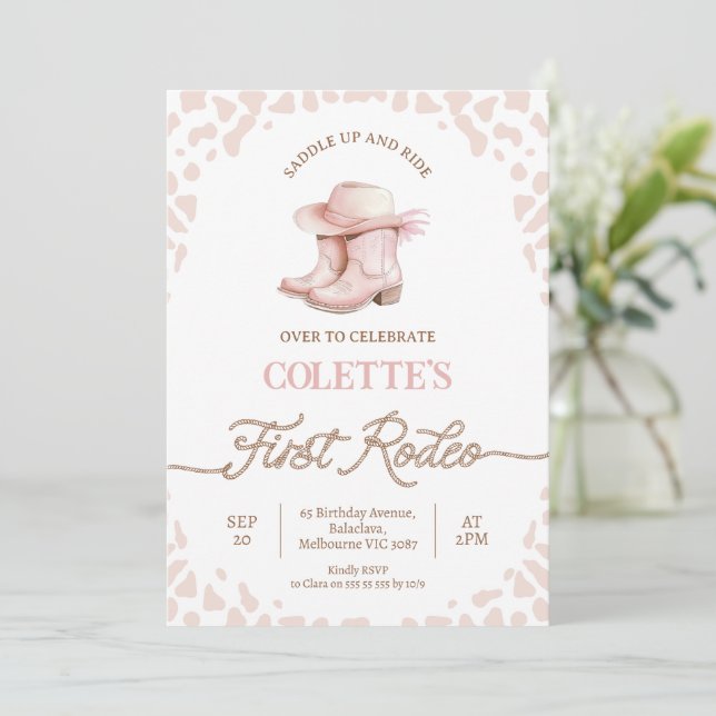 Dusty Pink Cowgirl Boots First Rodeo 1st Birthday Invitation (Standing Front)