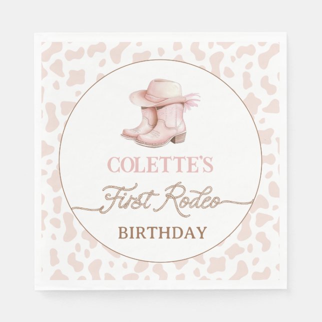 Dusty Pink Cowgirl Boots First Rodeo 1st Birthday  Napkin (Front)