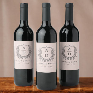 Dusty Pink Crest Modern Monogram Wedding Wine Label