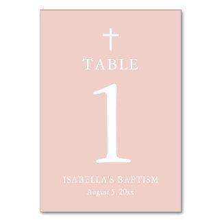 Dusty Pink Cross Girl Baptism Table Number Card