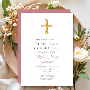 Dusty Pink Cross Religious Girl Holy Communion Invitation
