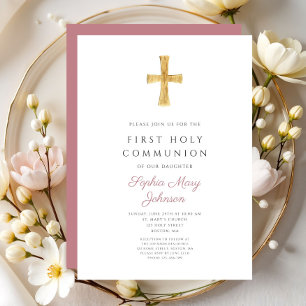 Dusty Pink Cross Religious Girl Holy Communion Invitation