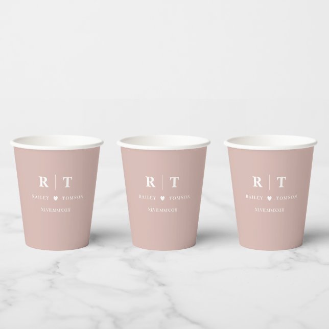 Dusty Pink Custom Roman Numerals Monogram Wedding Paper Cups (Multi)