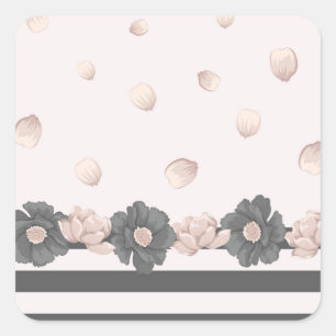 dusty pink dark grey flowers & scattering petals square sticker