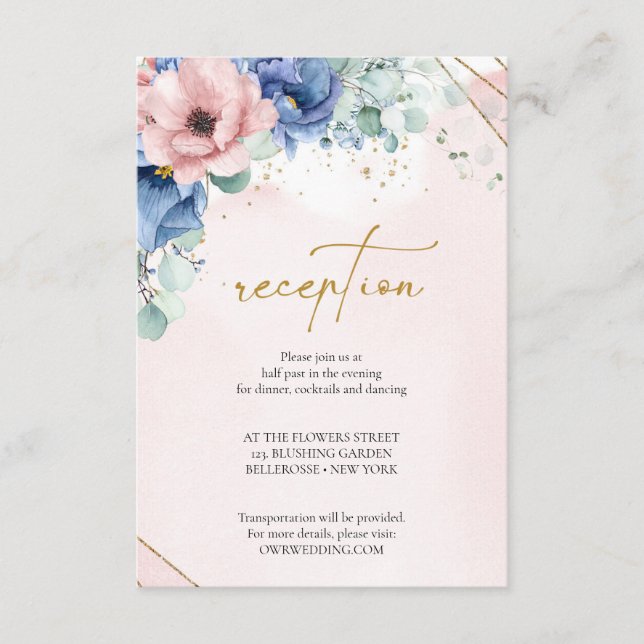 Dusty pink dusty blue faux gold frame reception enclosure card (Front)