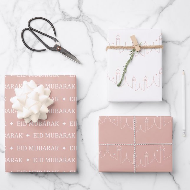 Dusty Pink Eid Mubarak Masjid Pattern Design Wrapping Paper Sheet (Front)