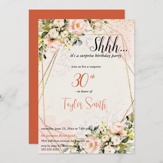dusty pink  elegant Floral Surprise Party Invite (Front/Back)