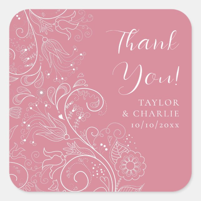 Dusty Pink Elegant Floral Wedding Thank You Square Sticker (Front)