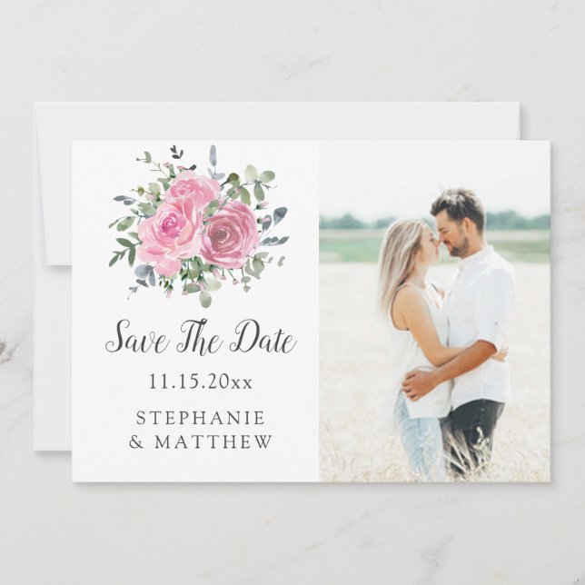 Dusty Pink Eucalyptus Botanical Photo Save The Date (Front)