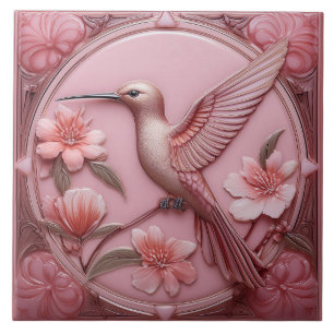 Dusty pink faux relief Art Nouveau Hummingbird L Ceramic Tile