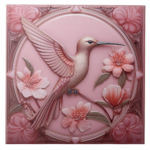 Dusty pink faux relief Art Nouveau Hummingbird R Ceramic Tile