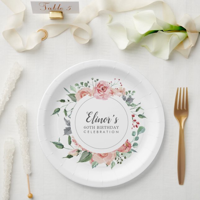 Dusty Pink Floral 60th Birthday Thank You Paper Plate (Wedding)