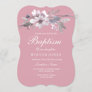 Dusty Pink Floral Baby Girl Baptism Christening Invitation