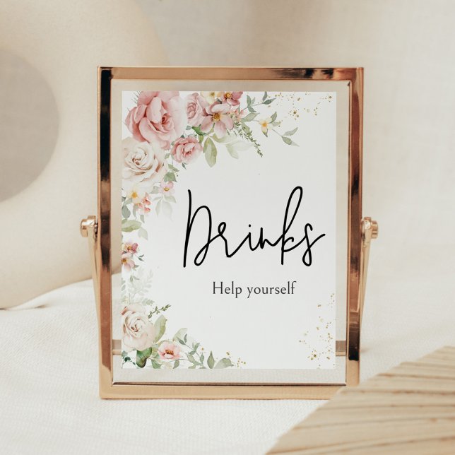 Dusty Pink Floral Baby Shower Drinks Poster (Dusty Pink Floral Greenery Baby Shower Drinks Sign)