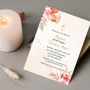 Dusty pink floral Baptism invitation card