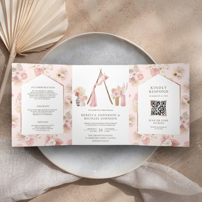 Dusty Pink Floral Boho Beach Arbor QR Code Wedding Tri-Fold Invitation (Creator Uploaded)