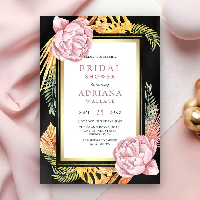 Dusty Pink Floral Boho Palm Black Bridal Shower Invitation (Creator Uploaded)