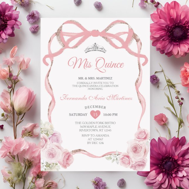 Dusty Pink Floral Bow Ribbon Silver Mis Quince Invitation (Creator Uploaded)