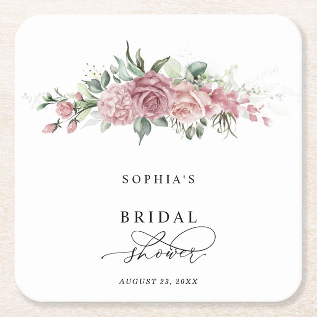 Dusty Pink Floral Bridal Shower Square Paper Coaster (Front)