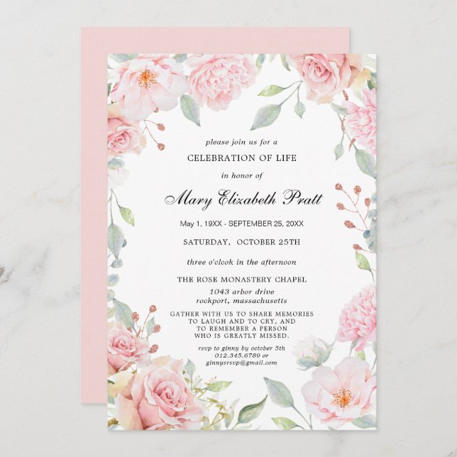 Dusty Pink Floral Celebration of Life Invitation (Front/Back)