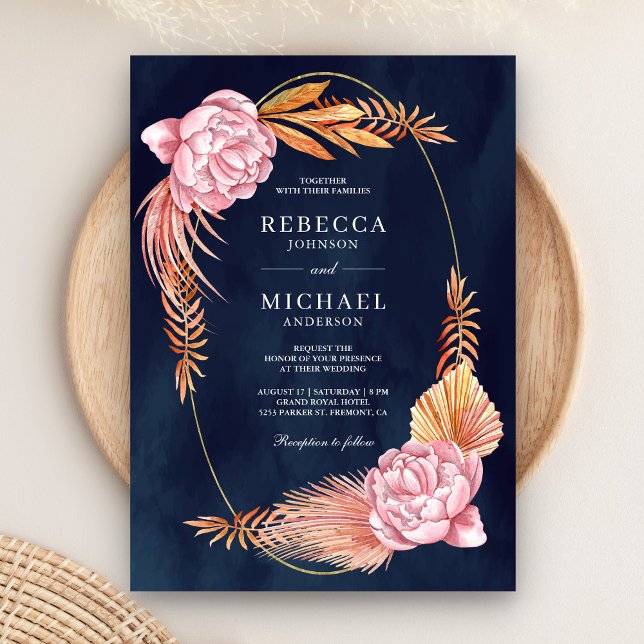 Dusty Pink Floral Dried Palm Leaves Navy Wedding Invitation (Creator Uploaded)