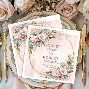 Dusty Pink Floral Eucalyptus Sparkle Gold Wedding Napkin