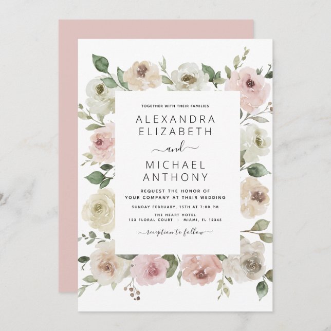 Dusty Pink Floral Eucalyptus Wedding Invitation (Front/Back)