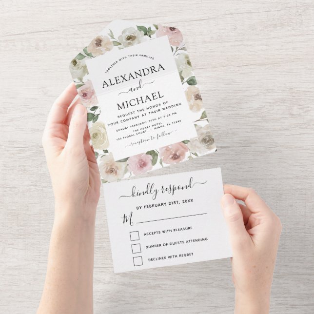 Dusty Pink Floral Eucalyptus Wedding RSVP All In One Invitation (Tearaway)