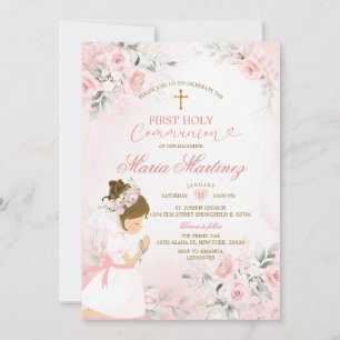 Dusty Pink Floral Girl Praying 1st Holy Communion Invitation