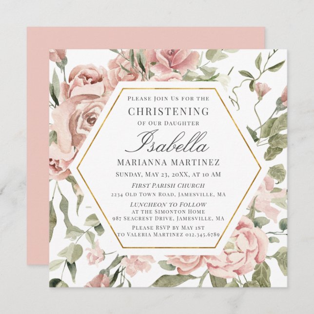 Dusty Pink Floral Gold Frame Christening Invitation (Front/Back)