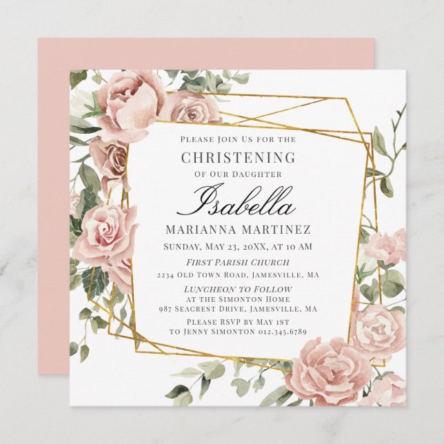 Dusty Pink Floral Gold Geometric Frame Christening Invitation (Front/Back)