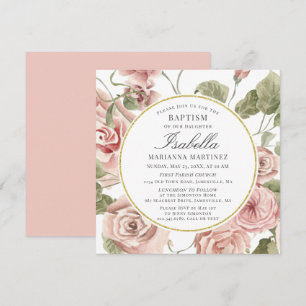 Dusty Pink Floral Gold Round Frame Baptism Invitation