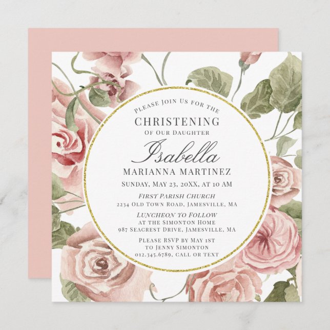 Dusty Pink Floral Gold Round Frame Christening Invitation (Front/Back)
