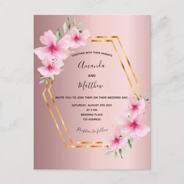 Dusty pink floral gold wedding invitation postcard (Front)