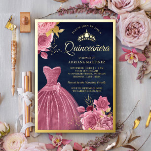 Dusty Pink Floral Gown Navy Blue Quinceanera Gold