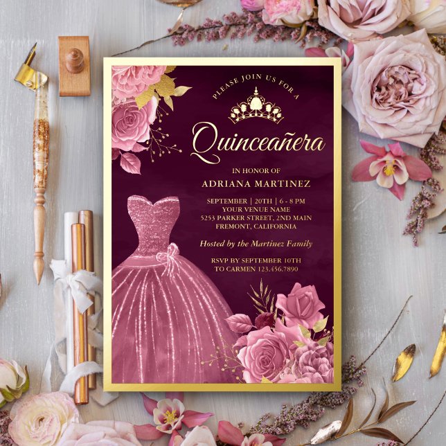 Dusty Pink Floral Gown Plum Quinceanera Gold (Creator Uploaded)