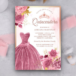 Dusty Pink Floral Gown Rose Gold Quinceanera Invitation